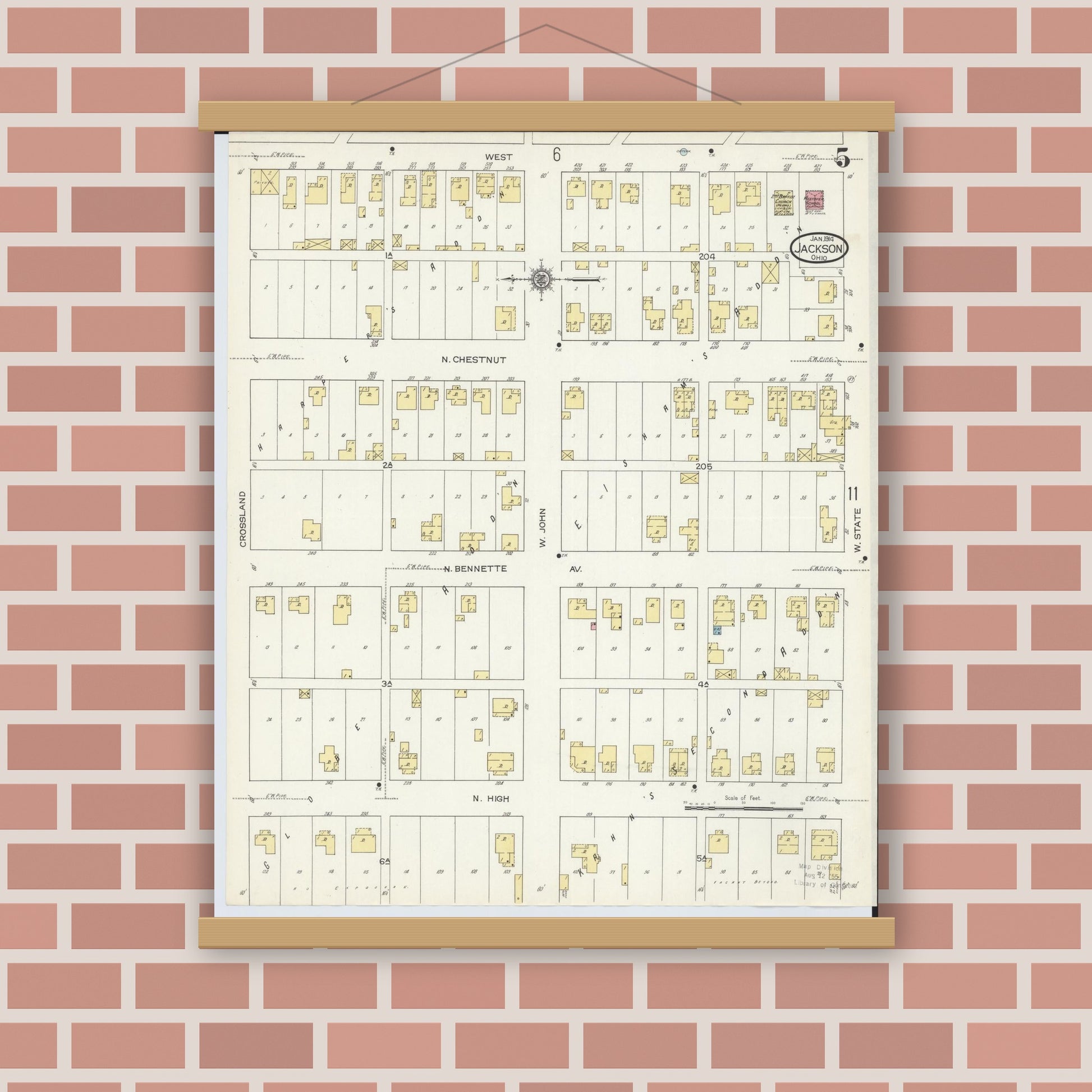 Old map wall art mockup — magnetic wood frame on brick wall — Sanborn Fire Insurance Map from Jackson, Jackson County, Ohio (1914), Sheet #0005