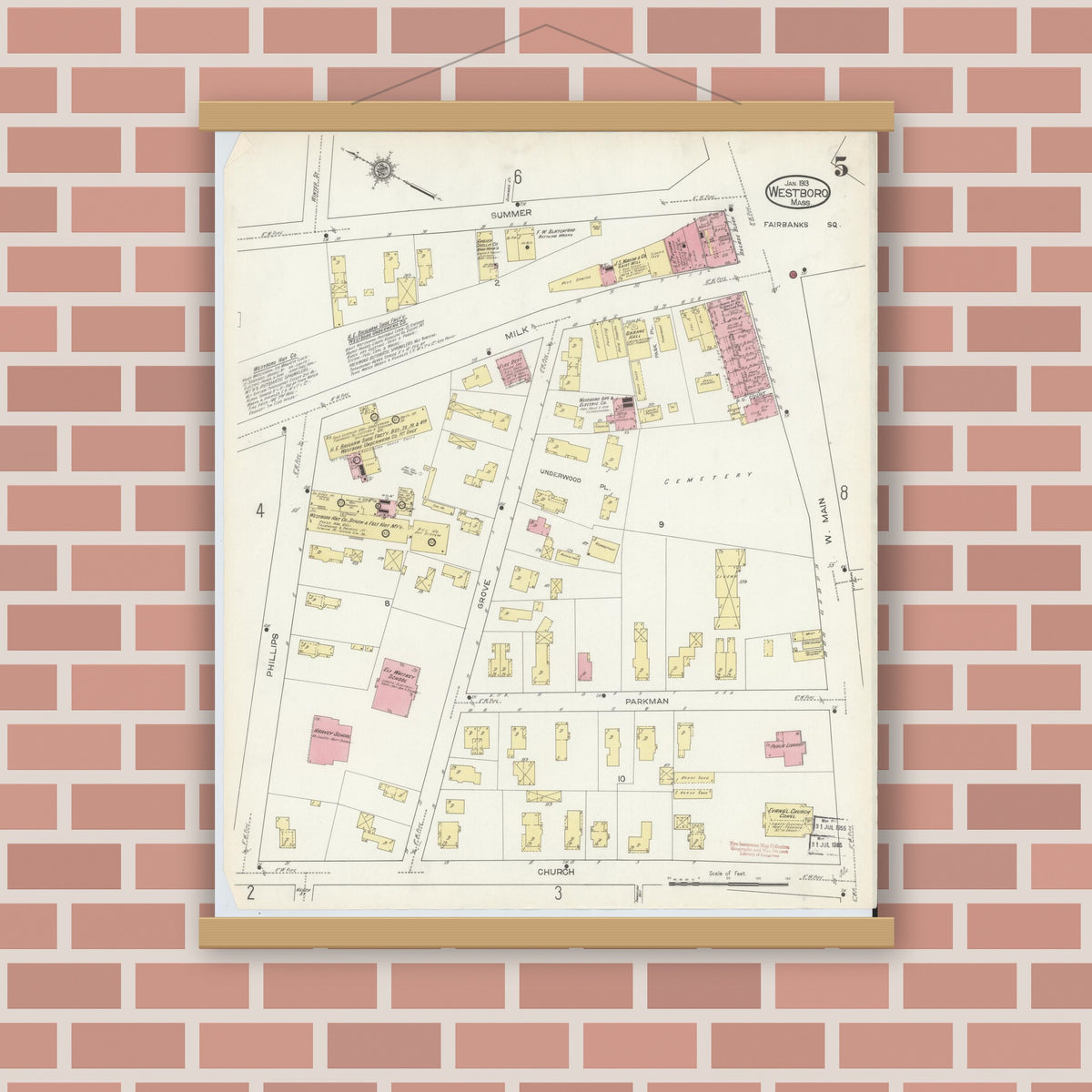 Old map wall art mockup — magnetic wood frame on brick wall — Sanborn Fire Insurance Map from Westboro, Worcester County, Massachusetts (1913), Sheet #0005