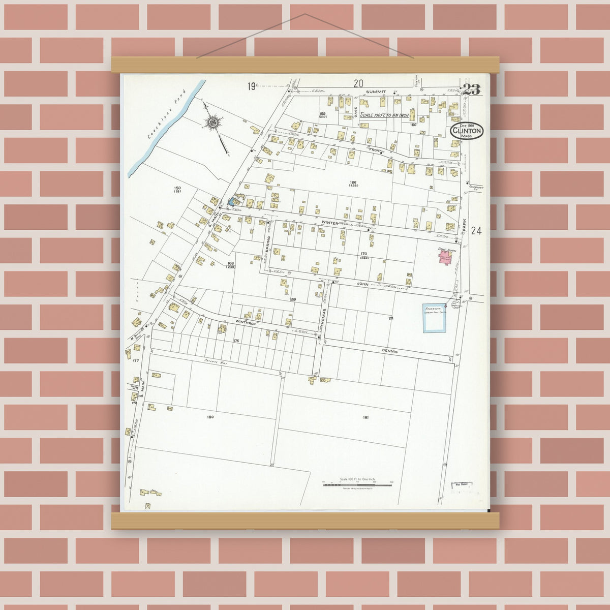 Old map wall art mockup — magnetic wood frame on brick wall — Sanborn Fire Insurance Map from Clinton, Worcester County, Massachusetts (1919), Sheet #0023