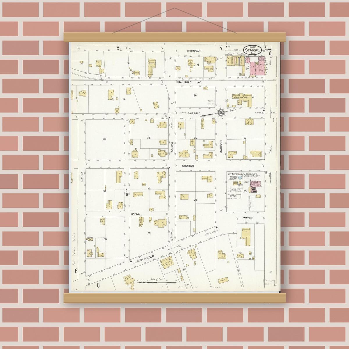 Old map wall art mockup — magnetic wood frame on brick wall — Sanborn Fire Insurance Map from Starke, Bradford County, Florida (1912), Sheet #0007