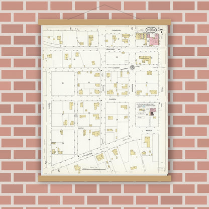 Old map wall art mockup — magnetic wood frame on brick wall — Sanborn Fire Insurance Map from Starke, Bradford County, Florida (1912), Sheet #0007