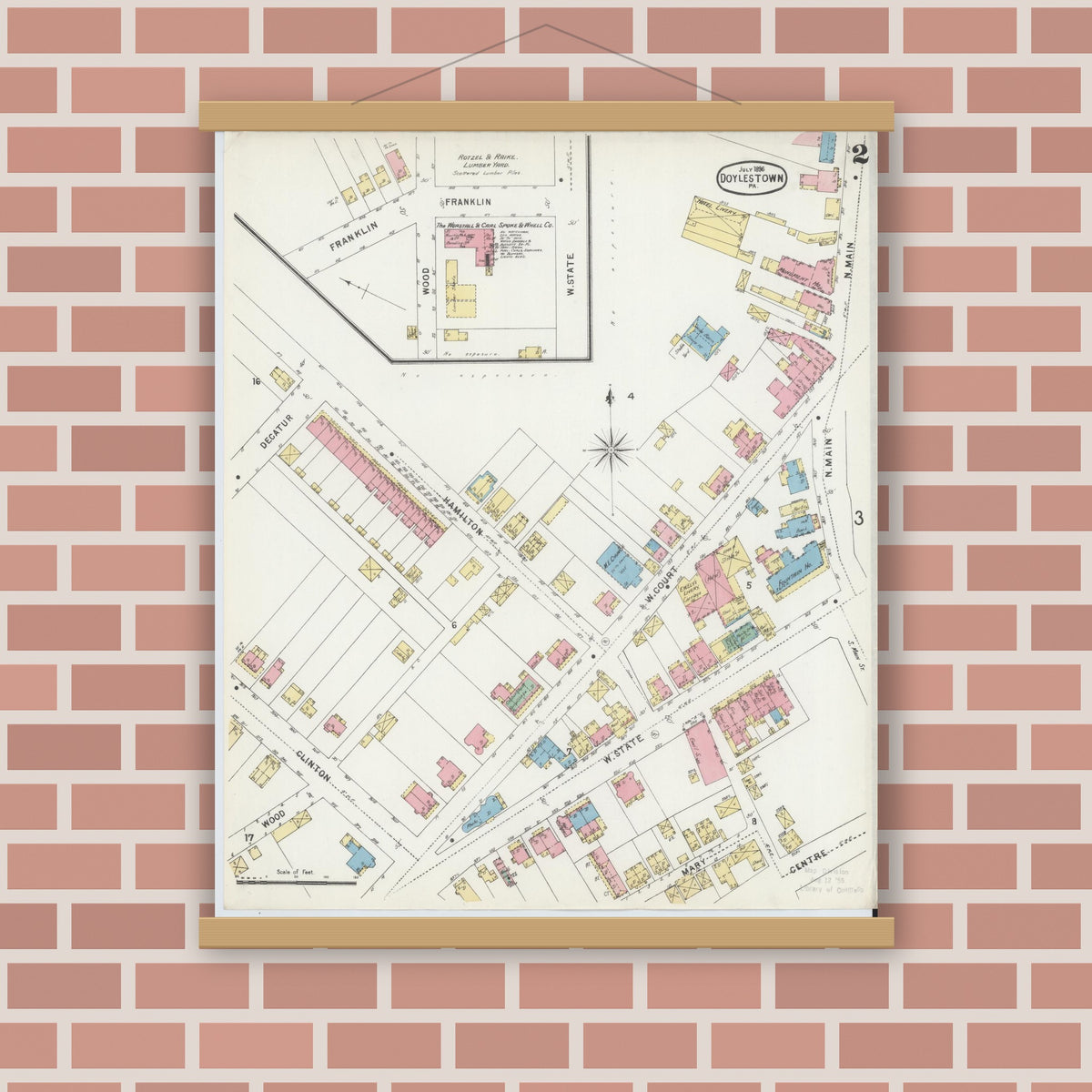 Old map wall art mockup — magnetic wood frame on brick wall — Sanborn Fire Insurance Map from Doylestown, Bucks County, Pennsylvania (1896), Sheet #0002
