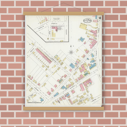 Old map wall art mockup — magnetic wood frame on brick wall — Sanborn Fire Insurance Map from Doylestown, Bucks County, Pennsylvania (1896), Sheet #0002