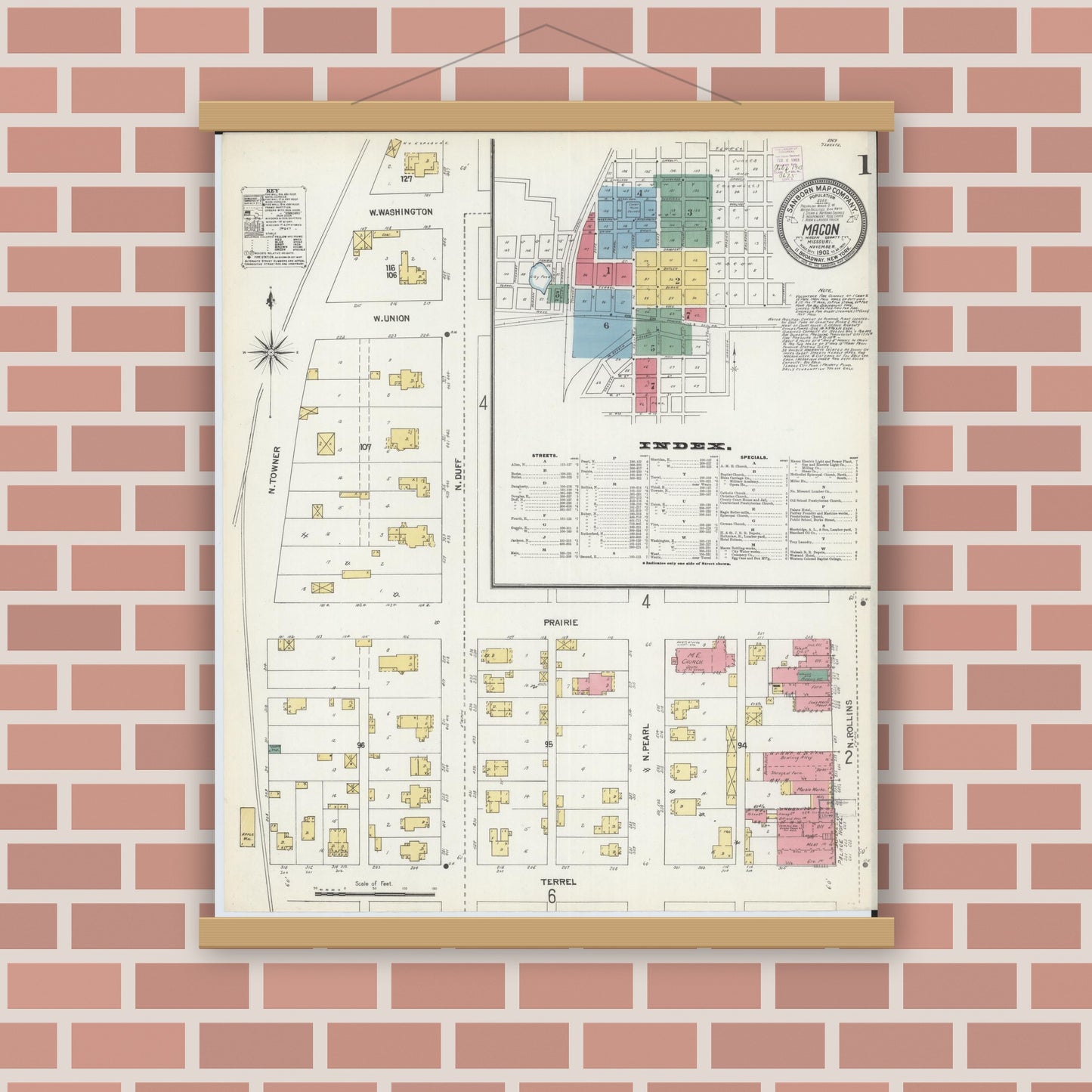 Old map wall art mockup — magnetic wood frame on brick wall — Sanborn Fire Insurance Map from Macon, Macon County, Missouri (1902), Sheet #0001