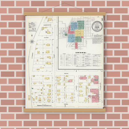 Old map wall art mockup — magnetic wood frame on brick wall — Sanborn Fire Insurance Map from Macon, Macon County, Missouri (1902), Sheet #0001
