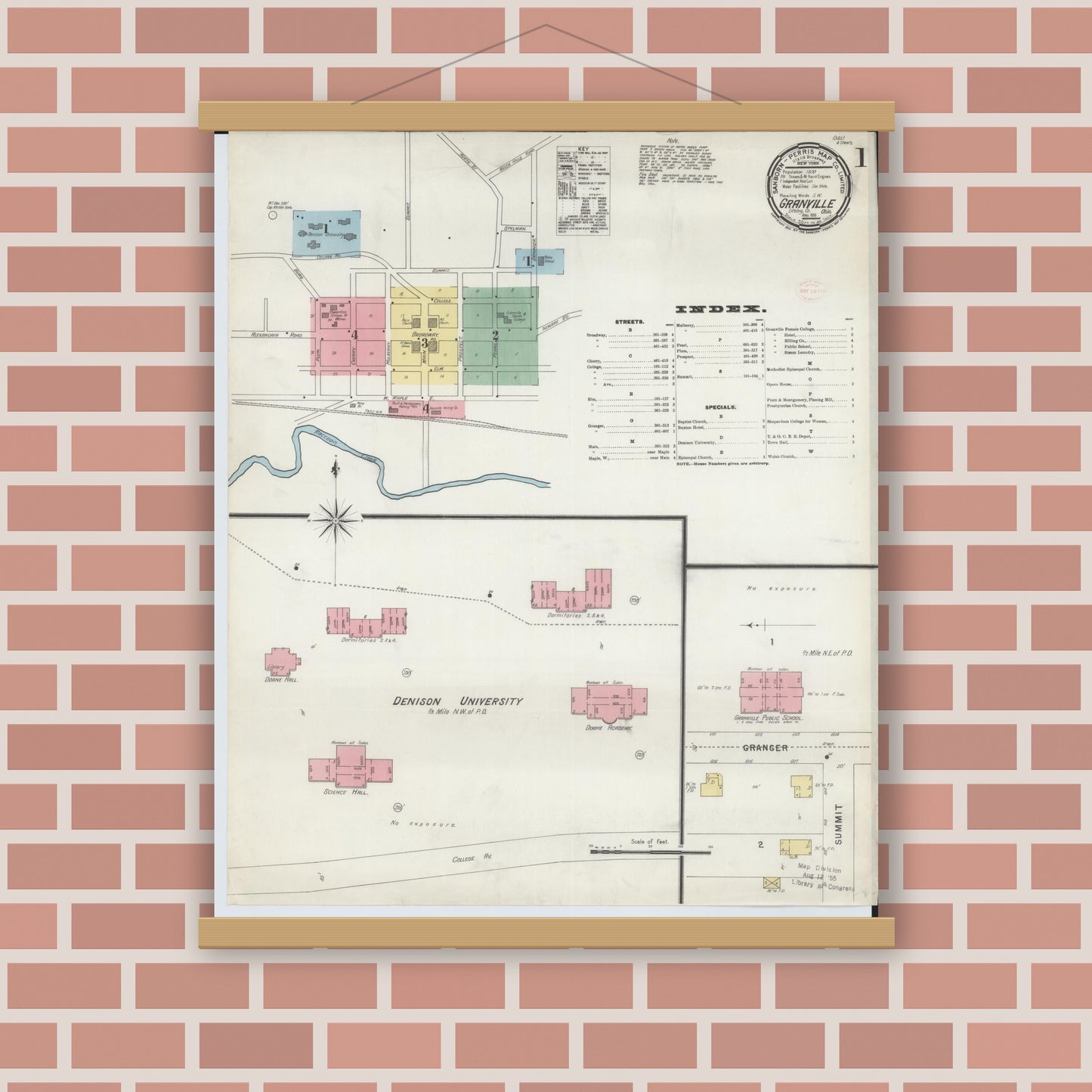Old map wall art mockup — magnetic wood frame on brick wall — Sanborn Fire Insurance Map from Granville, Licking County, Ohio (1896), Sheet #0001