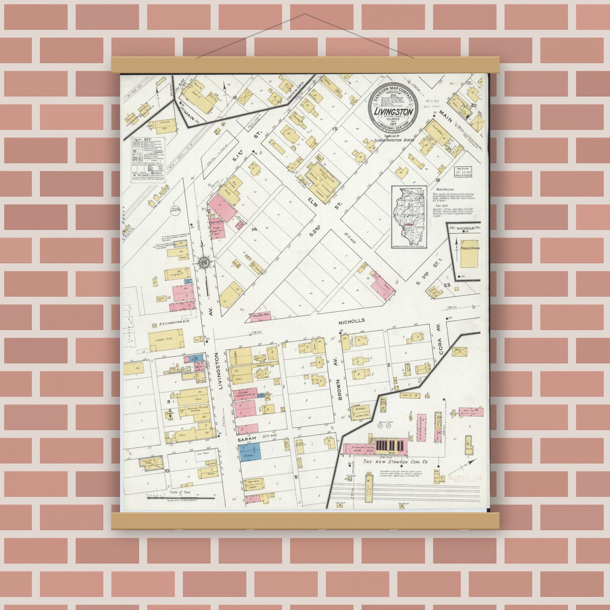 Old map wall art mockup — magnetic wood frame on brick wall — Sanborn Fire Insurance Map from Livingston, Madison County, Illinois (1917), Sheet #0001