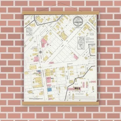 Old map wall art mockup — magnetic wood frame on brick wall — Sanborn Fire Insurance Map from Livingston, Madison County, Illinois (1917), Sheet #0001