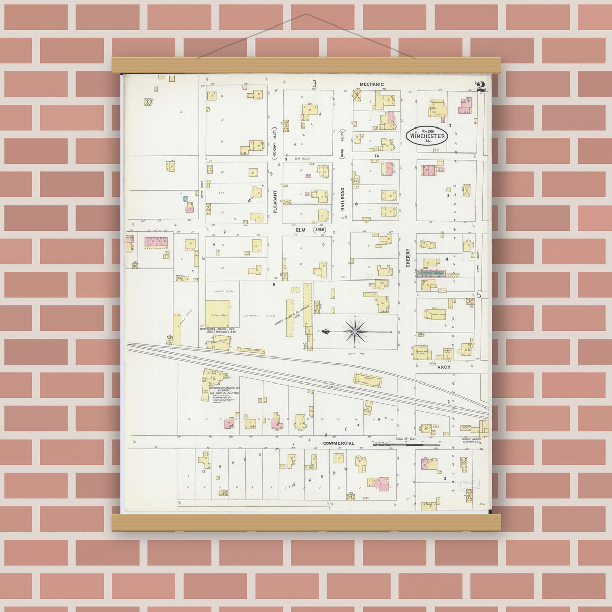 Old map wall art mockup — magnetic wood frame on brick wall — Sanborn Fire Insurance Map from Winchester, Scott County, Illinois (1906), Sheet #0002