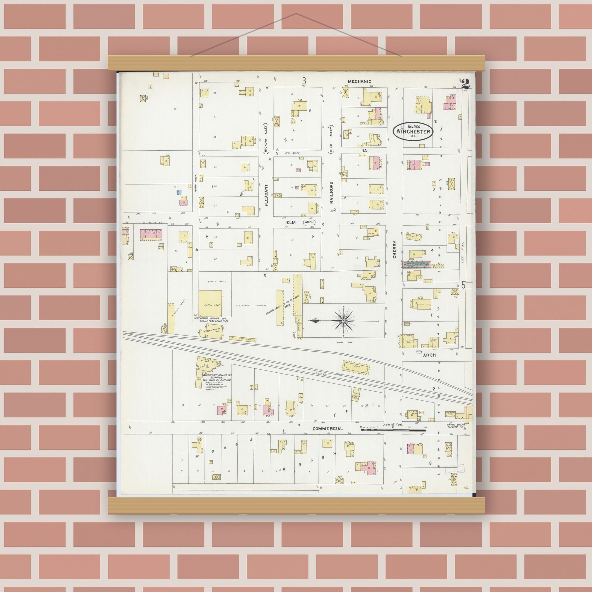 Old map wall art mockup — magnetic wood frame on brick wall — Sanborn Fire Insurance Map from Winchester, Scott County, Illinois (1906), Sheet #0002