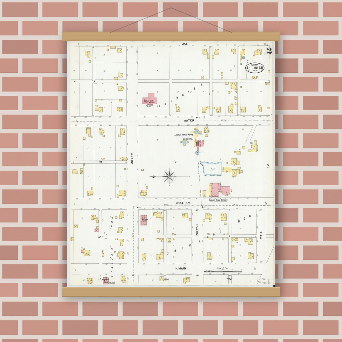 Old map wall art mockup — magnetic wood frame on brick wall — Sanborn Fire Insurance Map from Ligonier, Noble County, Indiana (1901), Sheet #0002
