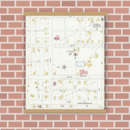 Old map wall art mockup — magnetic wood frame on brick wall — Sanborn Fire Insurance Map from Ligonier, Noble County, Indiana (1901), Sheet #0002