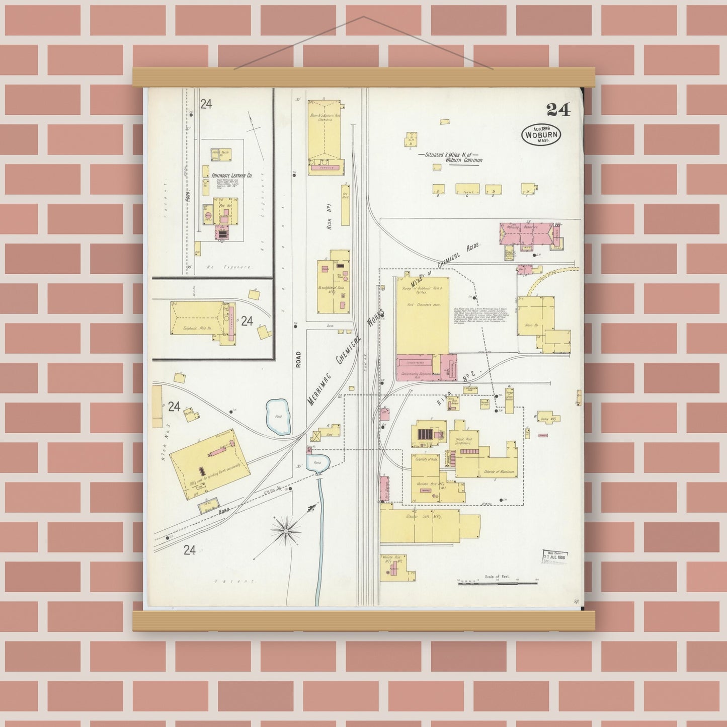 Old map wall art mockup — magnetic wood frame on brick wall — Sanborn Fire Insurance Map from Woburn, Middlesex County, Massachusetts (1899), Sheet #0024