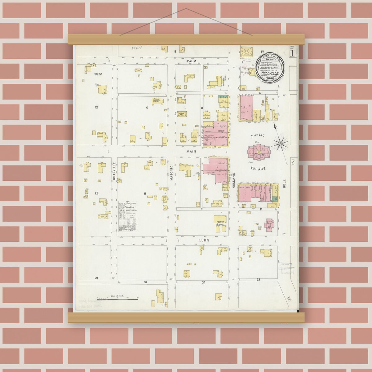 Old map wall art mockup — magnetic wood frame on brick wall — Sanborn Fire Insurance Map from Bellville, Austin County, Texas (1896) - Complete Map Set