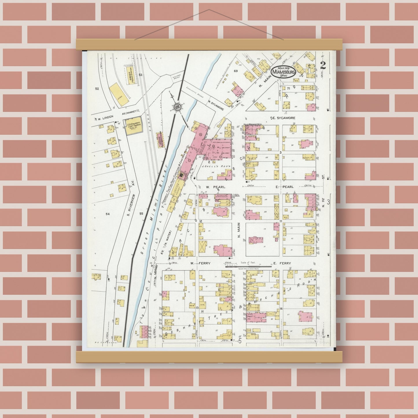 Old map wall art mockup — magnetic wood frame on brick wall — Sanborn Fire Insurance Map from Miamisburg, Montgomery County, Ohio (1919), Sheet #0002