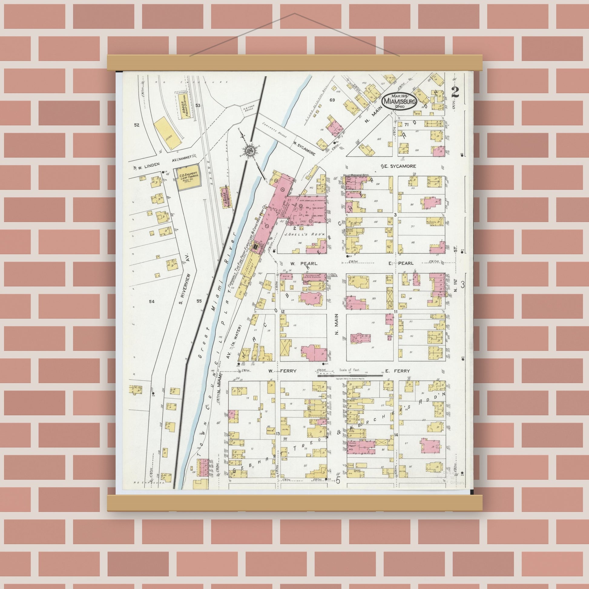 Old map wall art mockup — magnetic wood frame on brick wall — Sanborn Fire Insurance Map from Miamisburg, Montgomery County, Ohio (1919), Sheet #0002