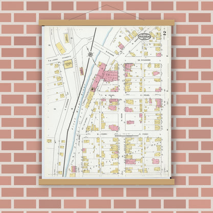 Old map wall art mockup — magnetic wood frame on brick wall — Sanborn Fire Insurance Map from Miamisburg, Montgomery County, Ohio (1919), Sheet #0002