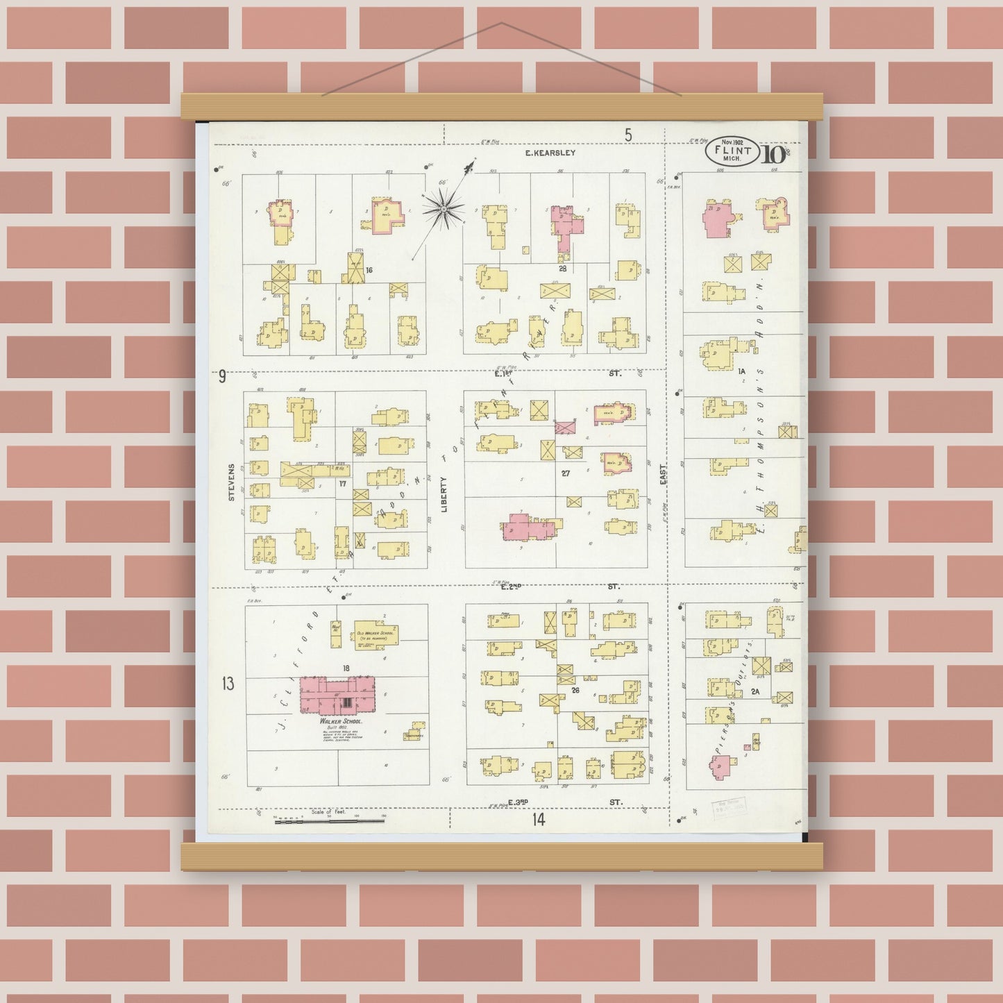 Old map wall art mockup — magnetic wood frame on brick wall — Sanborn Fire Insurance Map from Flint, Genesee County, Michigan (1902), Sheet #0010