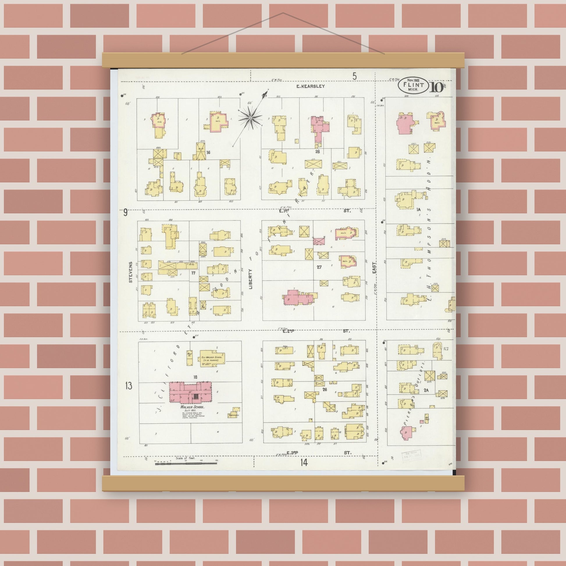 Old map wall art mockup — magnetic wood frame on brick wall — Sanborn Fire Insurance Map from Flint, Genesee County, Michigan (1902), Sheet #0010