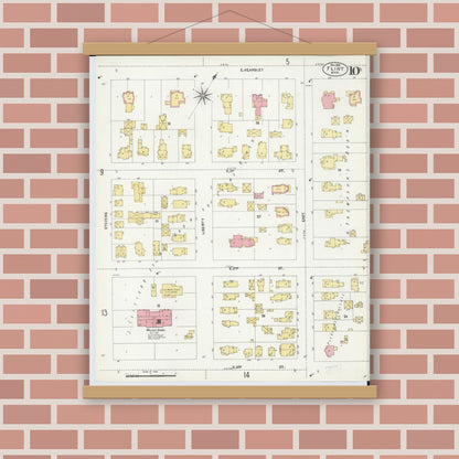Old map wall art mockup — magnetic wood frame on brick wall — Sanborn Fire Insurance Map from Flint, Genesee County, Michigan (1902), Sheet #0010