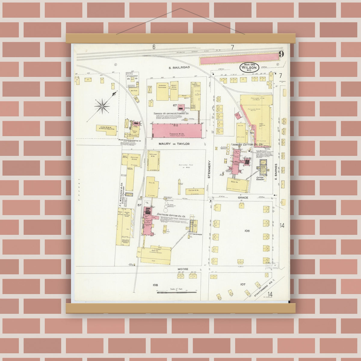 Old map wall art mockup — magnetic wood frame on brick wall — Sanborn Fire Insurance Map from Wilson, Wilson County, North Carolina (1908), Sheet #0009