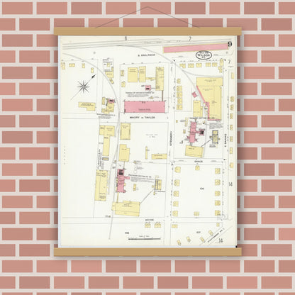Old map wall art mockup — magnetic wood frame on brick wall — Sanborn Fire Insurance Map from Wilson, Wilson County, North Carolina (1908), Sheet #0009