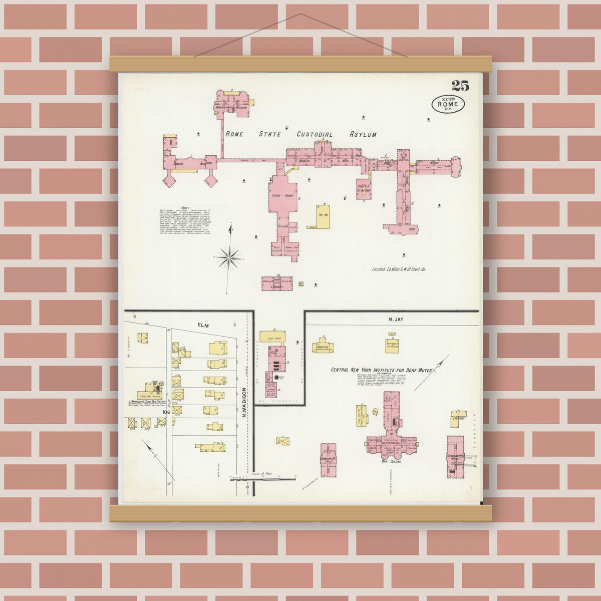 Old map wall art mockup — magnetic wood frame on brick wall — Sanborn Fire Insurance Map from Rome, Oneida County, New York (1899), Sheet #0025