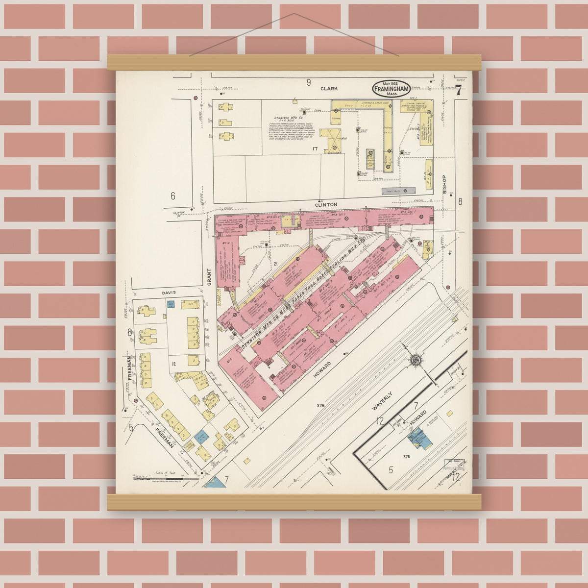 Old map wall art mockup — magnetic wood frame on brick wall — Sanborn Fire Insurance Map from Framingham, Middlesex County, Massachusetts (1922), Sheet #0007