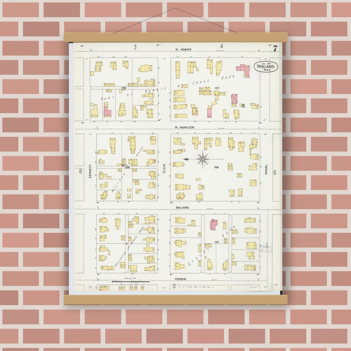 Old map wall art mockup — magnetic wood frame on brick wall — Sanborn Fire Insurance Map from Ypsilanti, Washtenaw County, Michigan (1899), Sheet #0007