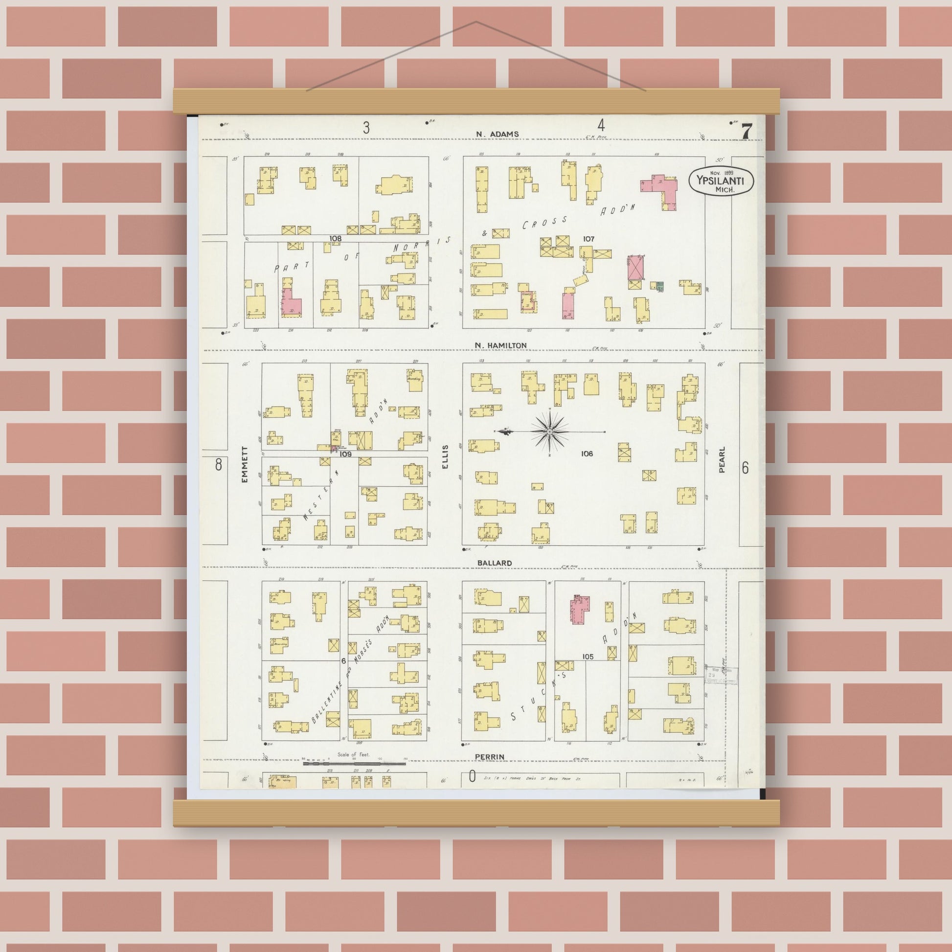 Old map wall art mockup — magnetic wood frame on brick wall — Sanborn Fire Insurance Map from Ypsilanti, Washtenaw County, Michigan (1899), Sheet #0007
