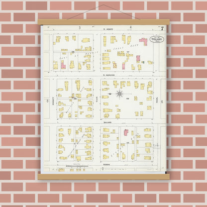 Old map wall art mockup — magnetic wood frame on brick wall — Sanborn Fire Insurance Map from Ypsilanti, Washtenaw County, Michigan (1899), Sheet #0007