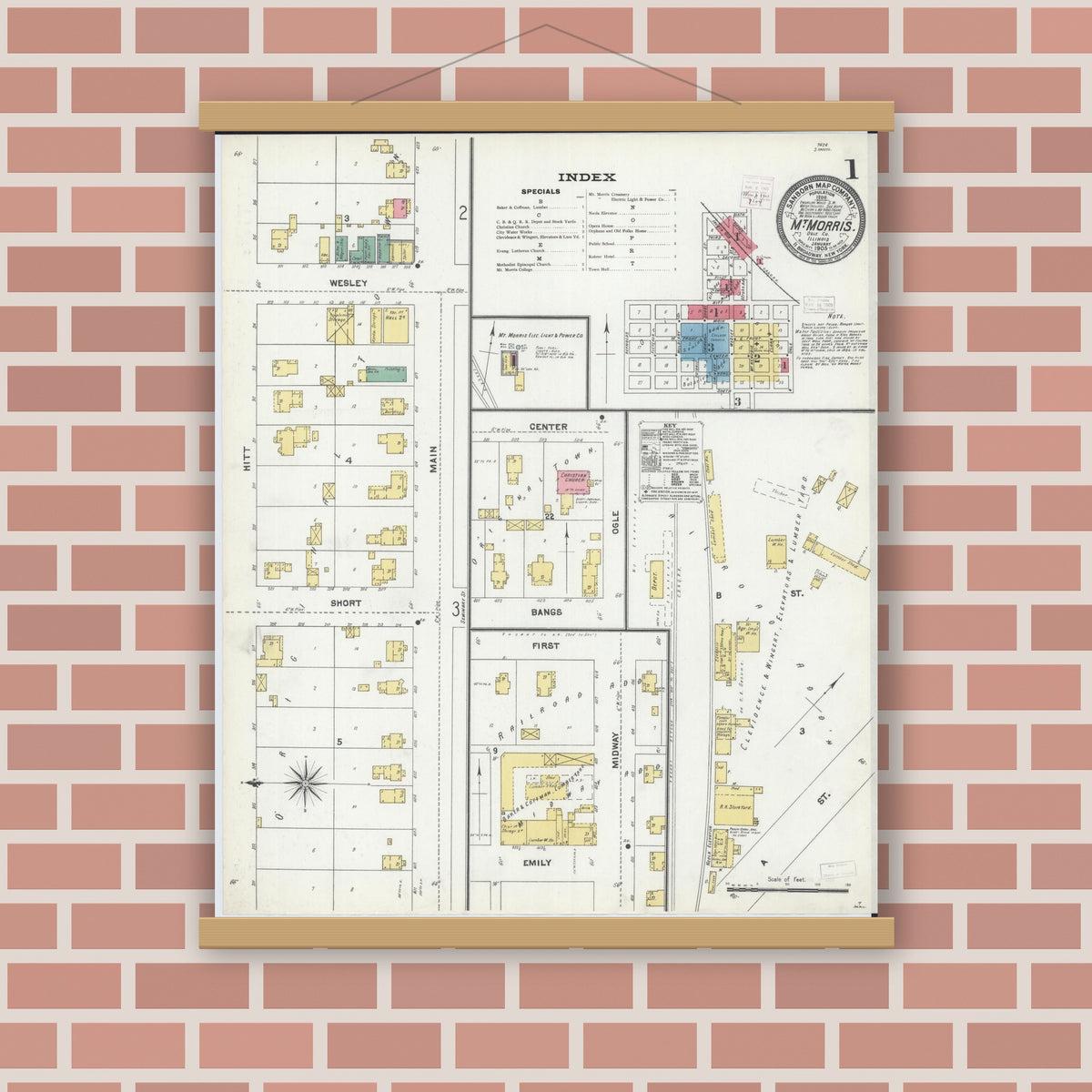 Old map wall art mockup — magnetic wood frame on brick wall — Sanborn Fire Insurance Map from Mount Morris, Ogle County, Illinois (1905) - Complete Map Set