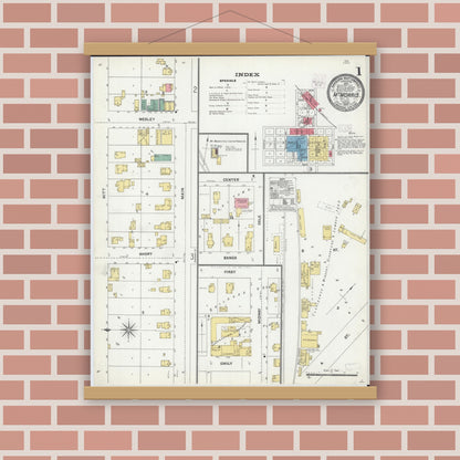 Old map wall art mockup — magnetic wood frame on brick wall — Sanborn Fire Insurance Map from Mount Morris, Ogle County, Illinois (1905) - Complete Map Set
