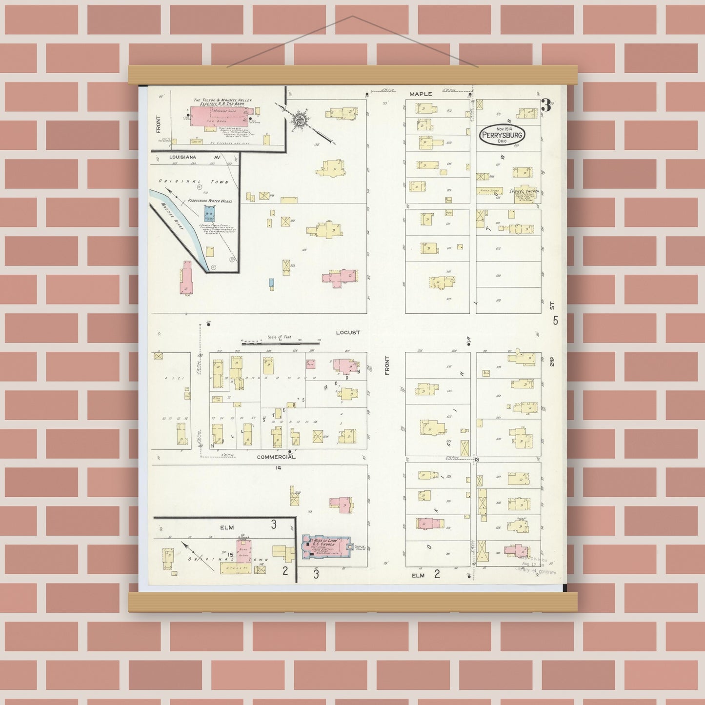 Old map wall art mockup — magnetic wood frame on brick wall — Sanborn Fire Insurance Map from Perrysburg, Wood County, Ohio (1914), Sheet #0003