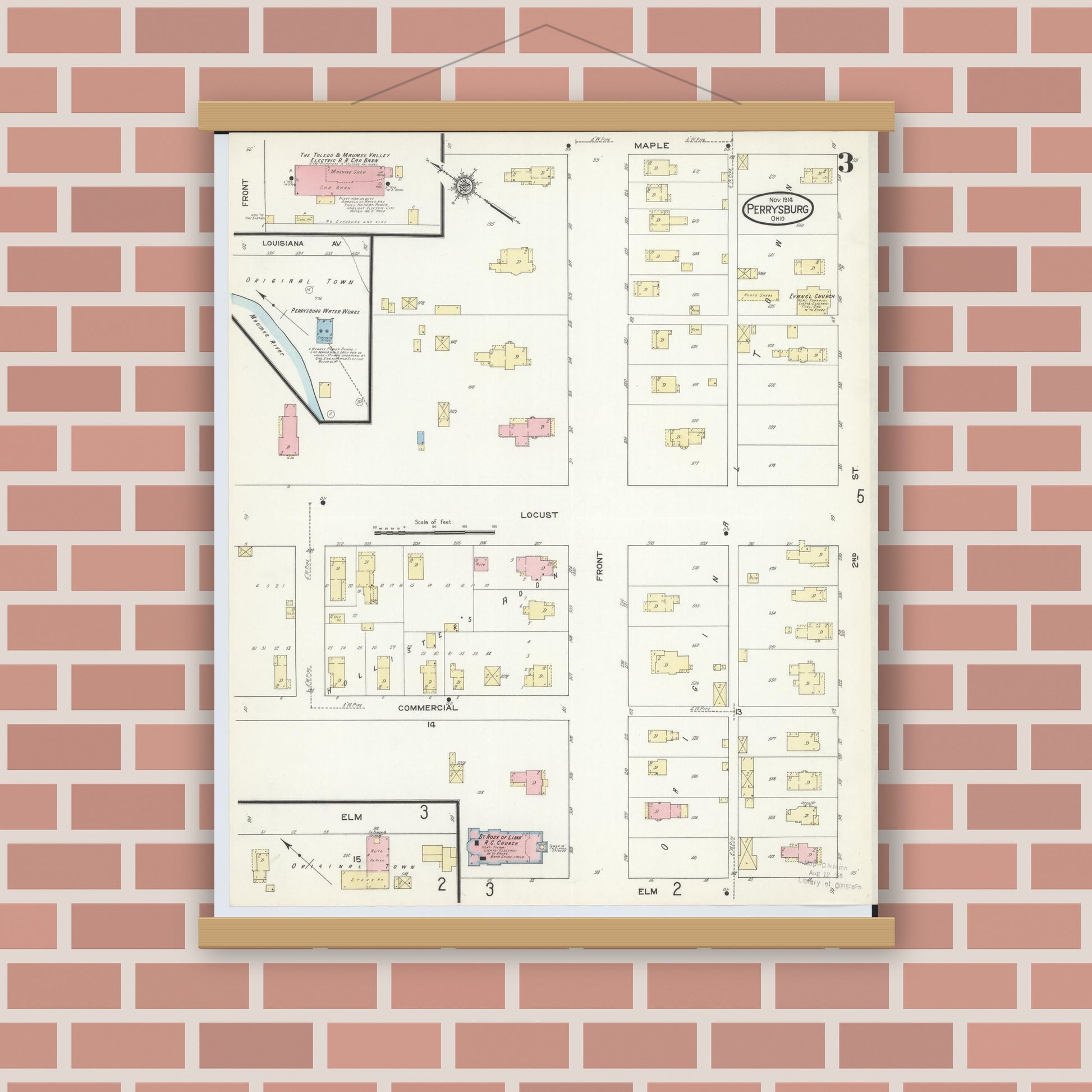 Old map wall art mockup — magnetic wood frame on brick wall — Sanborn Fire Insurance Map from Perrysburg, Wood County, Ohio (1914), Sheet #0003