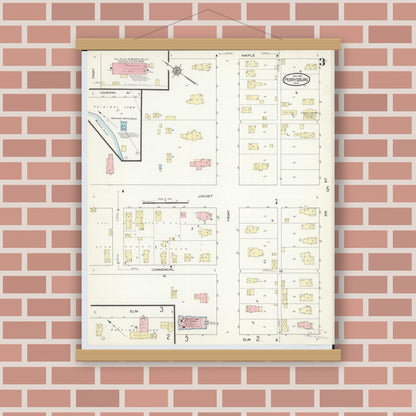 Old map wall art mockup — magnetic wood frame on brick wall — Sanborn Fire Insurance Map from Perrysburg, Wood County, Ohio (1914), Sheet #0003