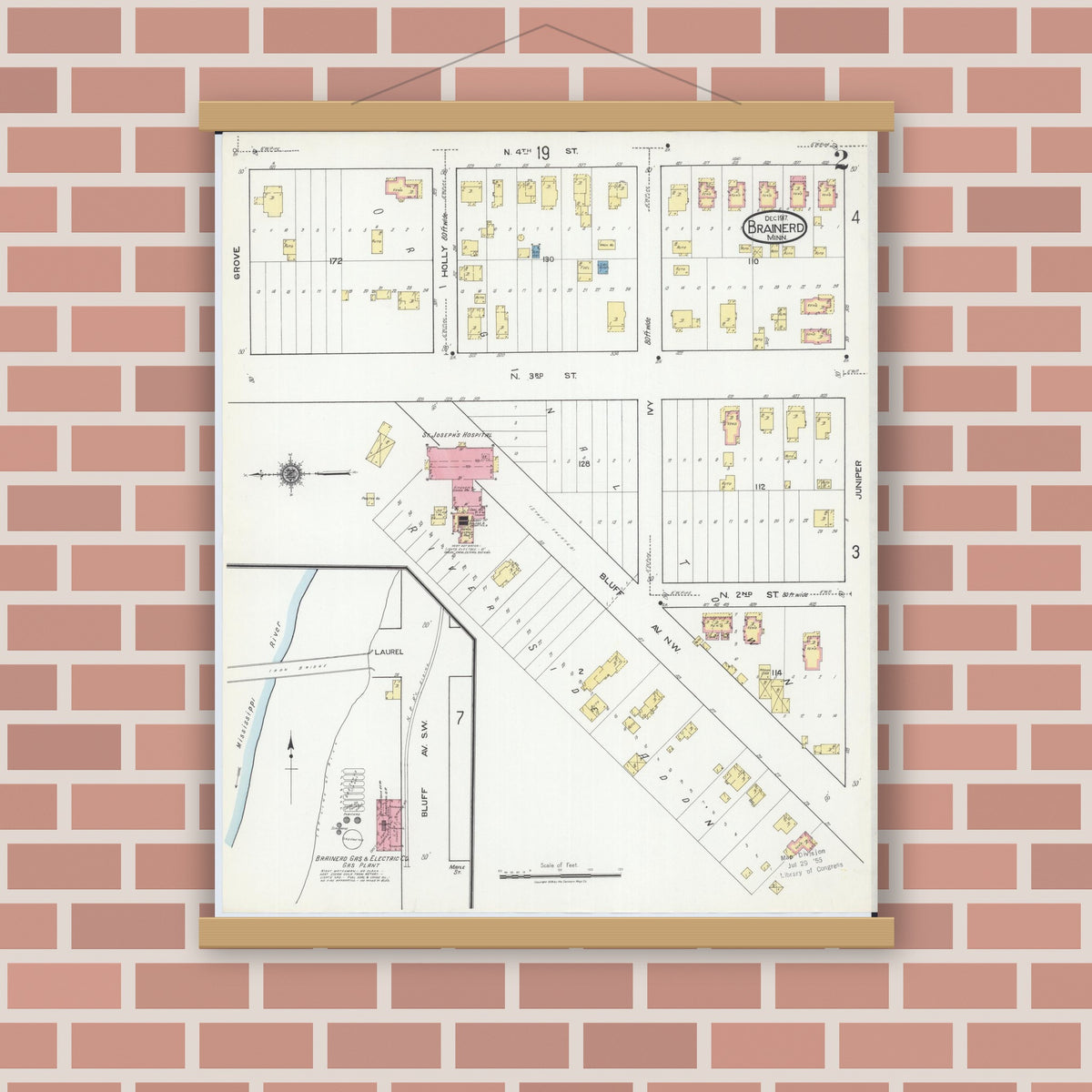 Old map wall art mockup — magnetic wood frame on brick wall — Sanborn Fire Insurance Map from Brainerd, Crow Wing County, Minnesota (1917), Sheet #0002