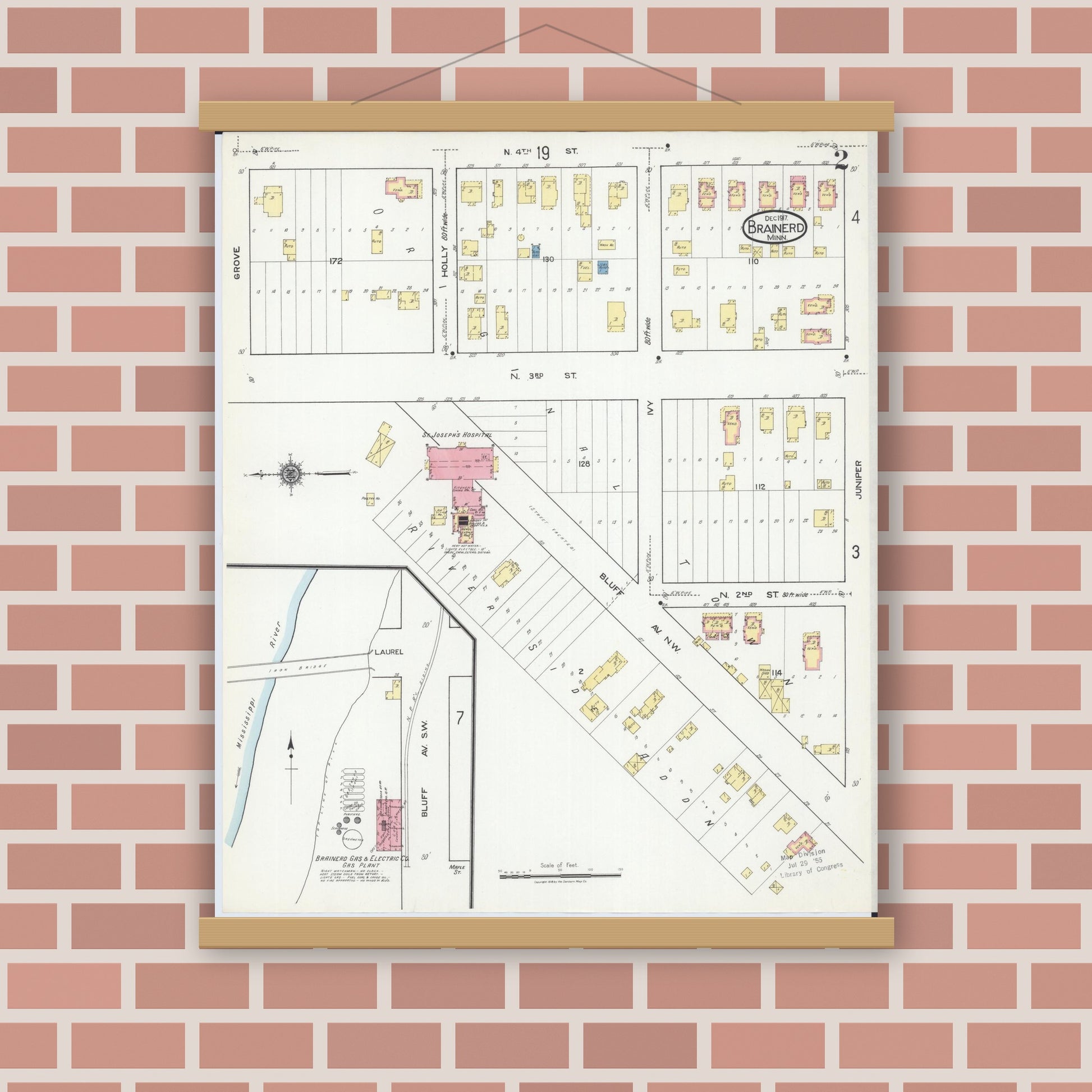 Old map wall art mockup — magnetic wood frame on brick wall — Sanborn Fire Insurance Map from Brainerd, Crow Wing County, Minnesota (1917), Sheet #0002