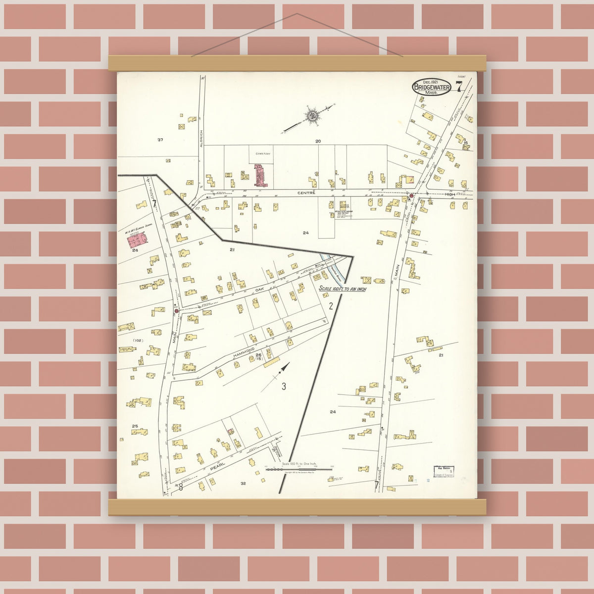 Old map wall art mockup — magnetic wood frame on brick wall — Sanborn Fire Insurance Map from Bridgewater, Plymouth County, Massachusetts (1921), Sheet #0007