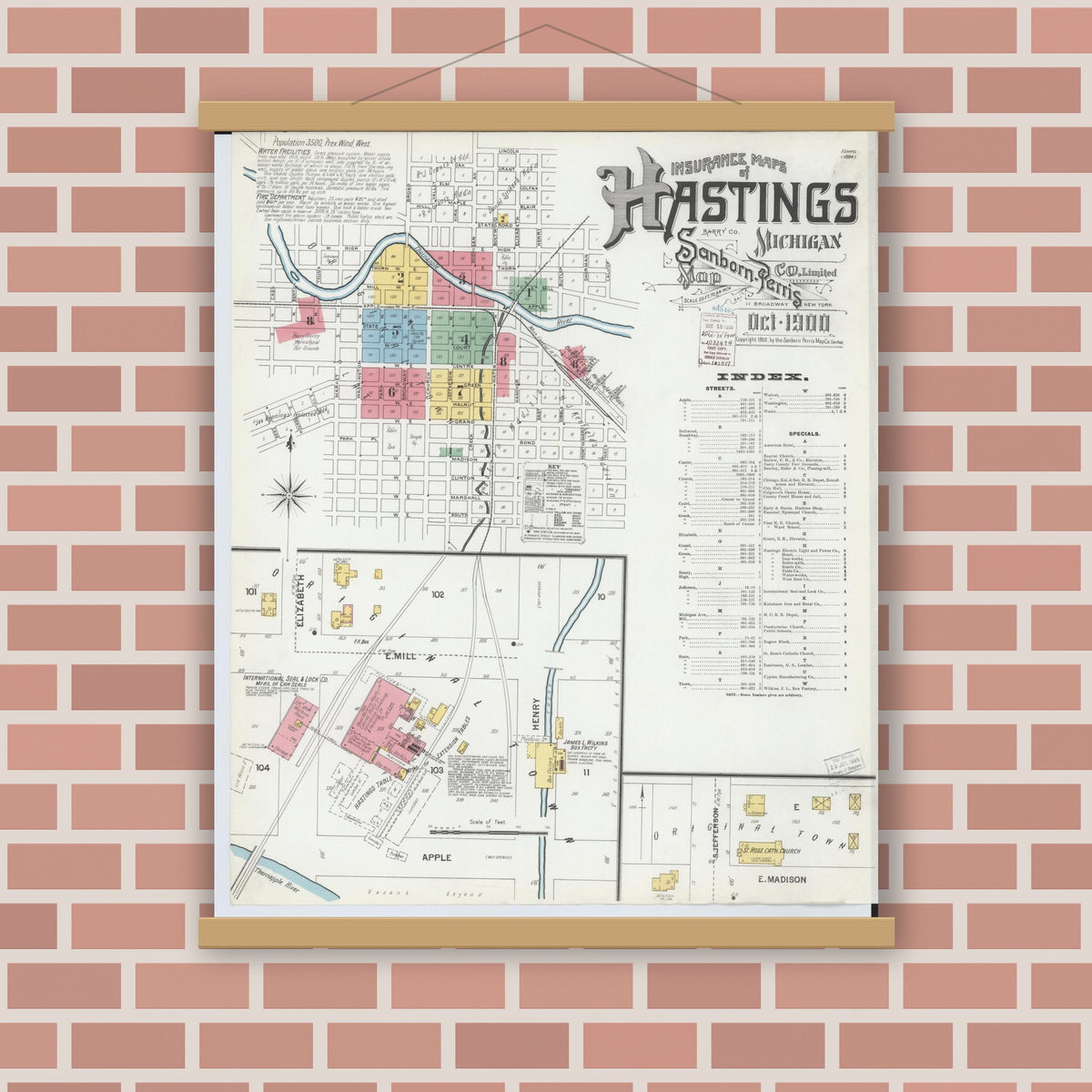 Old map wall art mockup — magnetic wood frame on brick wall — Sanborn Fire Insurance Map from Hastings, Barry County, Michigan (1900) - Complete Map Set