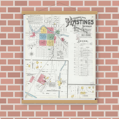 Old map wall art mockup — magnetic wood frame on brick wall — Sanborn Fire Insurance Map from Hastings, Barry County, Michigan (1900) - Complete Map Set