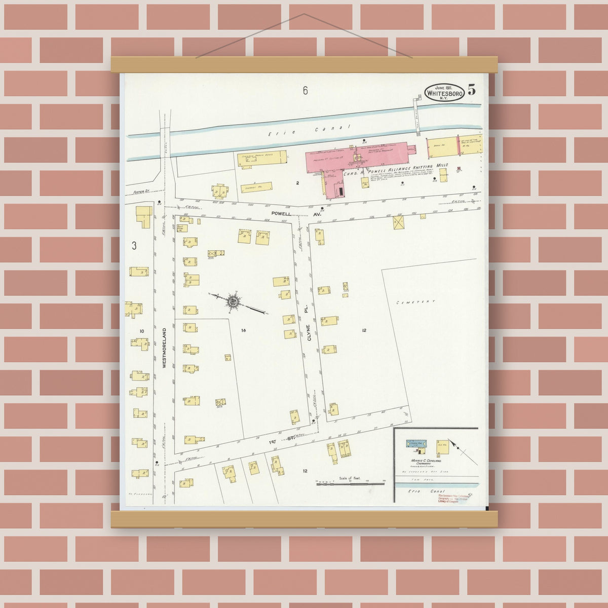 Old map wall art mockup — magnetic wood frame on brick wall — Sanborn Fire Insurance Map from Whitesboro, Oneida County, New York (1911), Sheet #0005
