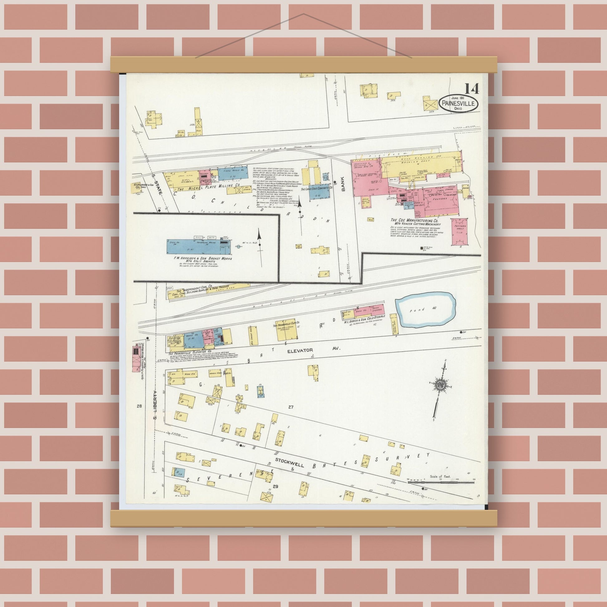 Old map wall art mockup — magnetic wood frame on brick wall — Sanborn Fire Insurance Map from Painesville, Lake County, Ohio (1911), Sheet #0014