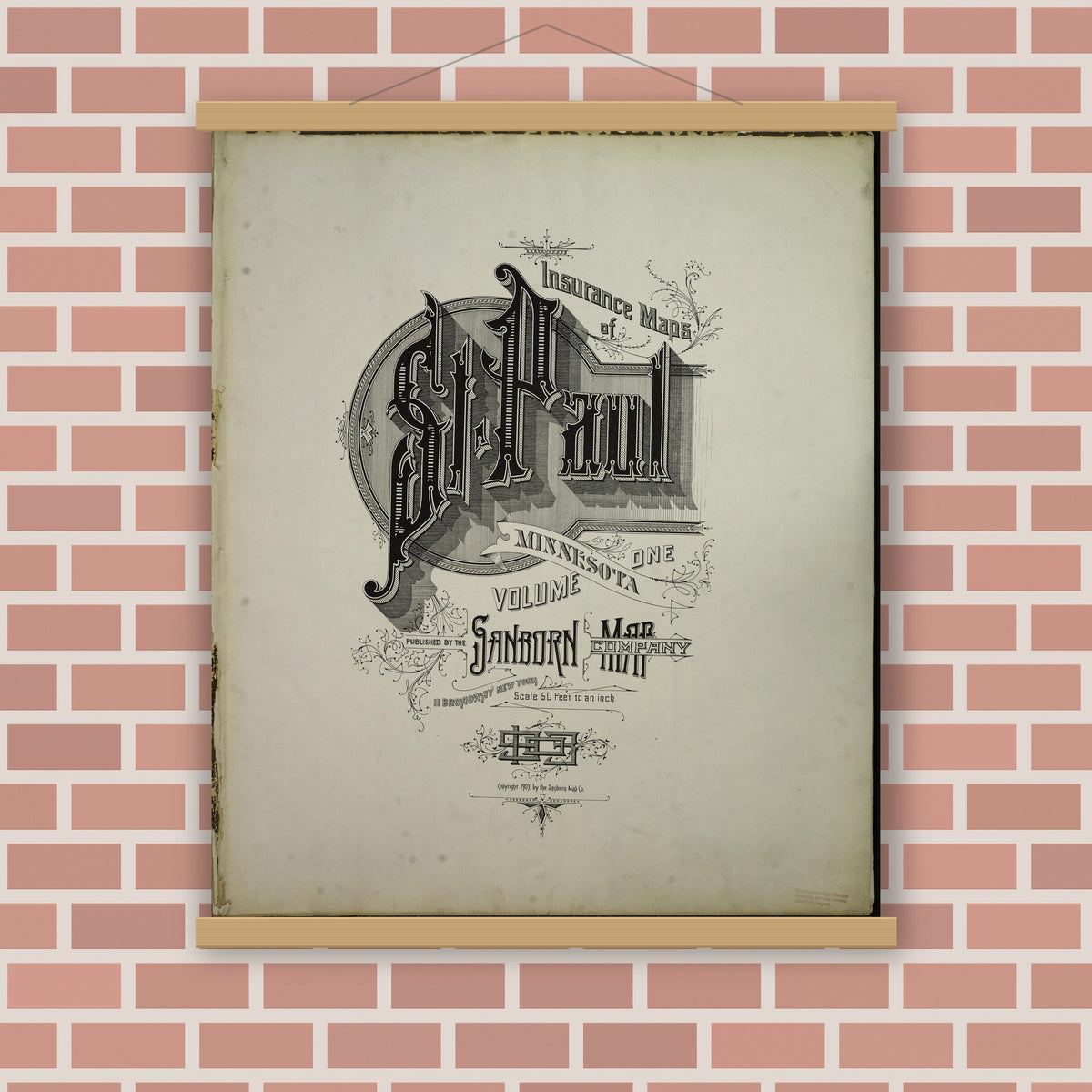 Old map wall art mockup — magnetic wood frame on brick wall — Sanborn Fire Insurance Map from Saint Paul, Ramsey County, Minnesota (1903), Sheet #0001