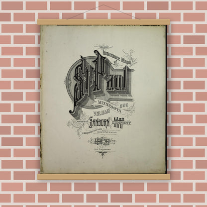 Old map wall art mockup — magnetic wood frame on brick wall — Sanborn Fire Insurance Map from Saint Paul, Ramsey County, Minnesota (1903), Sheet #0001