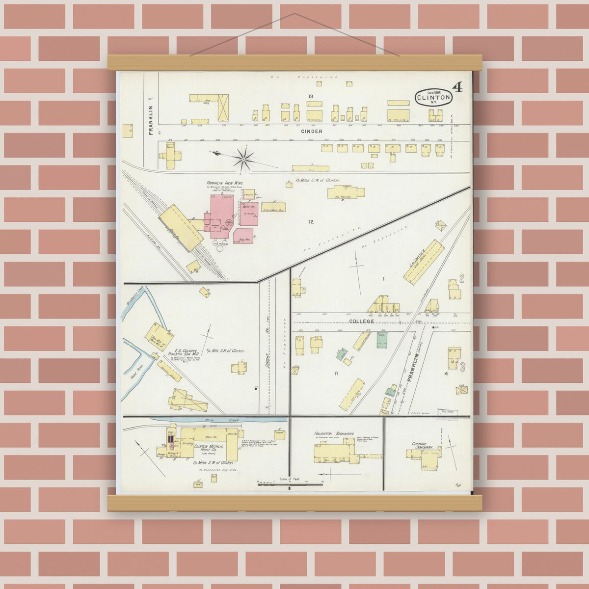 Old map wall art mockup — magnetic wood frame on brick wall — Sanborn Fire Insurance Map from Clinton, Oneida County, New York (1895), Sheet #0004