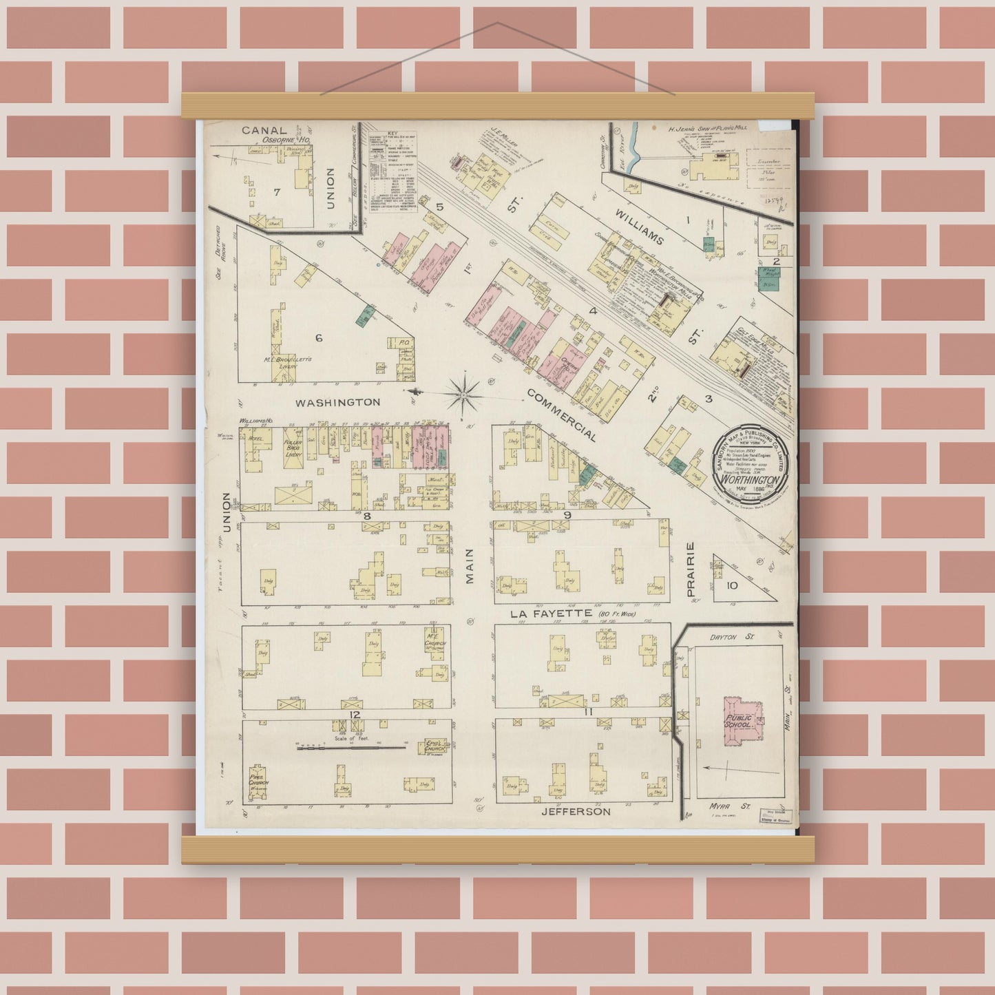 Old map wall art mockup — magnetic wood frame on brick wall — Sanborn Fire Insurance Map from Worthington, Greene County, Indiana (1886), Sheet #0001