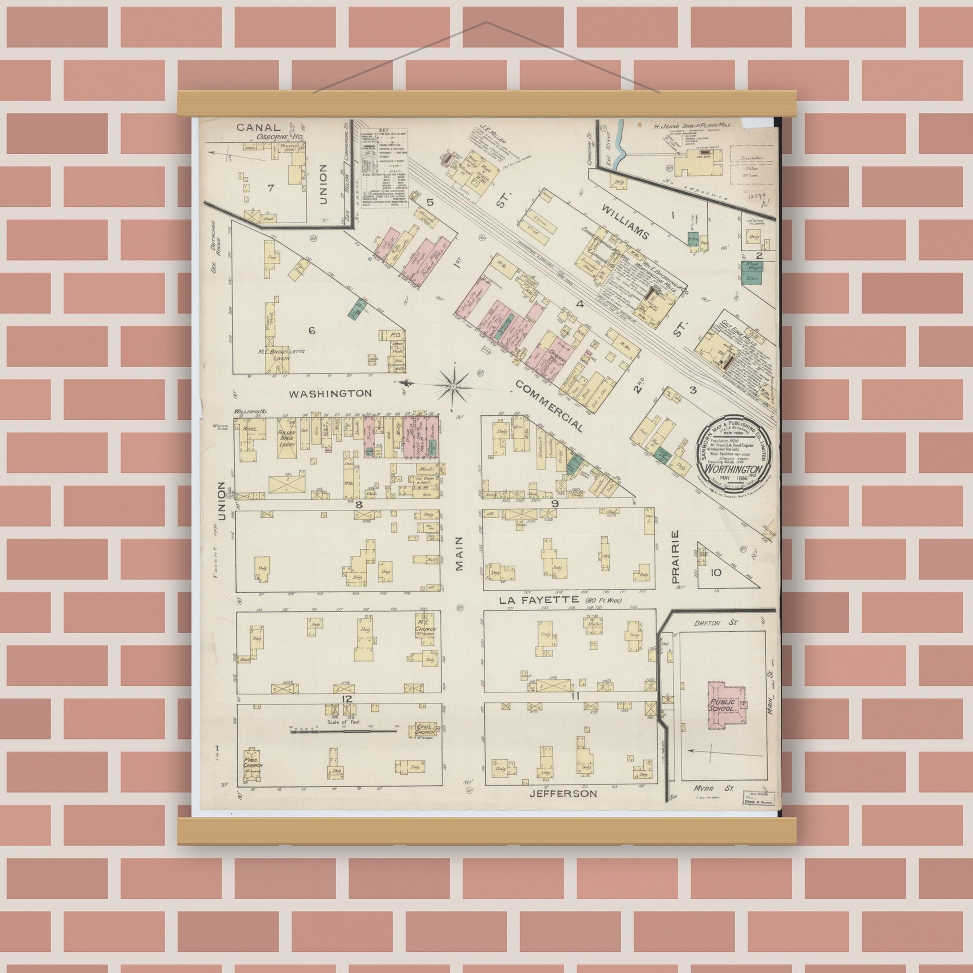 Old map wall art mockup — magnetic wood frame on brick wall — Sanborn Fire Insurance Map from Worthington, Greene County, Indiana (1886), Sheet #0001
