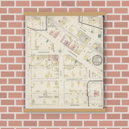 Old map wall art mockup — magnetic wood frame on brick wall — Sanborn Fire Insurance Map from Worthington, Greene County, Indiana (1886), Sheet #0001