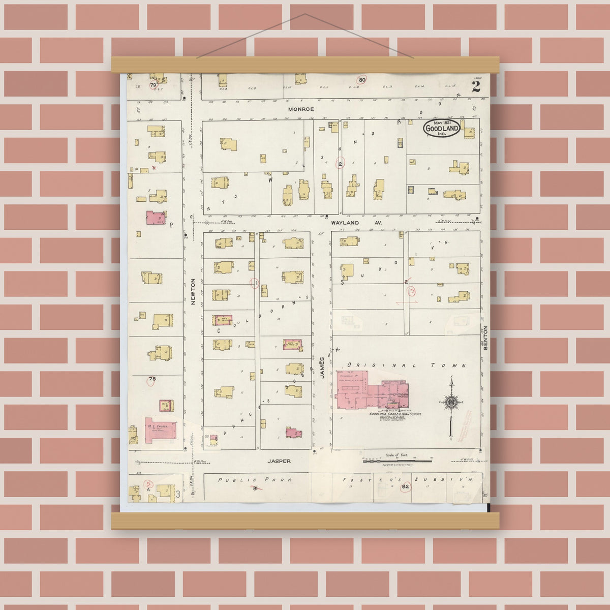 Old map wall art mockup — magnetic wood frame on brick wall — Sanborn Fire Insurance Map from Goodland, Newton County, Indiana (1933), Sheet #0002